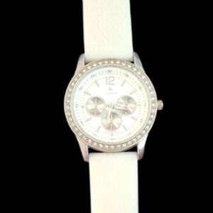 Louis Arden Sleek Silver Tone and White Watch With Crystals